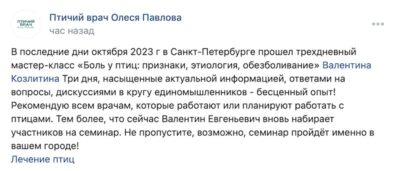Отзыв ветеринарного врача птичьего врача Олеси Павловой о семинаре по анальгезии птиц